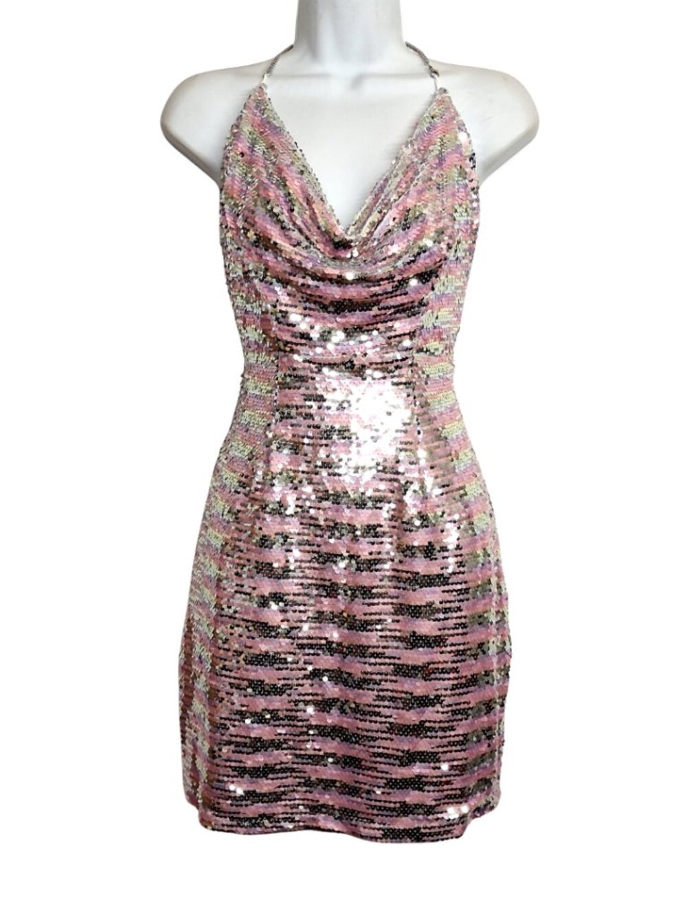 REVOLVE SUPERDOWN Sequin Dress Halter Disco Mini Party Pink Silver Stripe Large